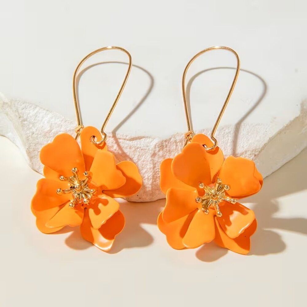 Cute Orange Daisy Flower Drop Earrings with Multi-Layered Metal Petals Z1